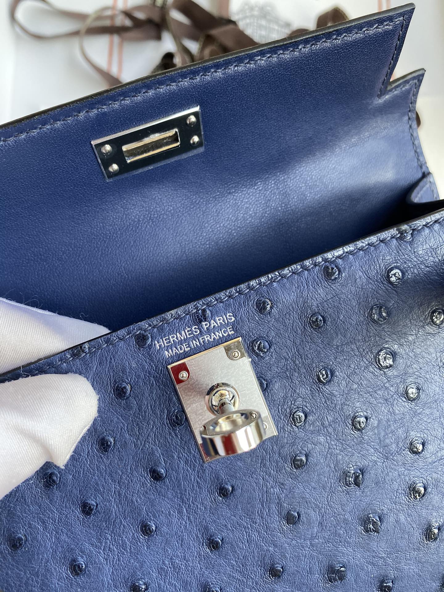 Hermes Kelly Mini II Bag 19CM In Blue Iris Ostrich Leather